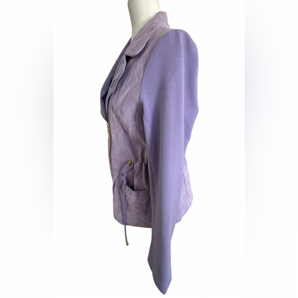IMAN Genuine Suede Leather Moto Jacket Lilac Purple Lavender Knit Sleeve S NWT - Picture 5 of 10